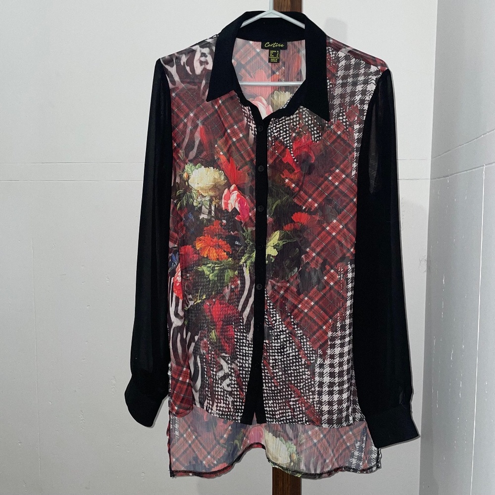Vintage Cartise Women’s Size 10 sheer long sleeve flowery green and red shirt.